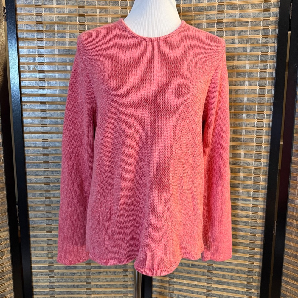 LL Bean Sweater Women Large Regular Pink Cotton Shaker Stitch Crewneck Pullover